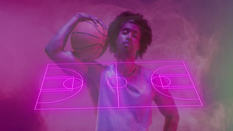 Animation-of-pink-basketball-court-over-african-american-male-basketball-player-holding-ball