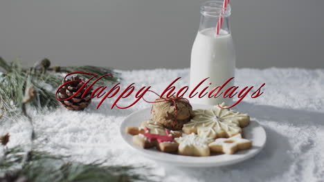 Happy-holidays-text-in-red-over-christmas-cookies-and-milk