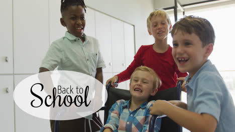 Animation-of-back-to-school-text-over-happy-diverse-school-kids-and-schoolboy-in-wheelchair