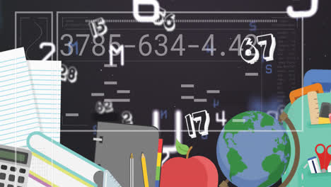 Animation-of-falling-numbers-school-supplies-over-black-background