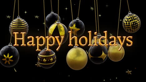 Happy-holidays-text-in-orange-over-black-and-gold-christmas-baubles-swinging-on-black-background