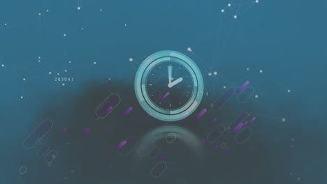 Animation-Von-Lichtspuren-über-Einer-Neonfarbenen-Tickenden-Uhr-Und-Einem-Netzwerk-Von-Verbindungen-Auf-Blauem-Hintergrund