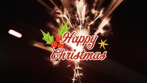 Animation-of-happy-christmas-text-over-lit-sparkler-on-black-background