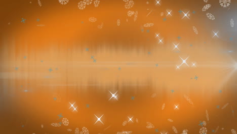 Animation-of-snowflakes-and-shining-stars-icons-against-orange-background-with-copy-space
