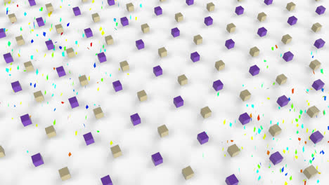 Animation-of-colorful-geometrical-and-confetti-falling-shapes-over-white-background
