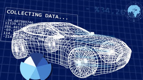 Animation-of-graphs,-changing-numbers,-globe-and-3d-model-of-car-over-blue-background