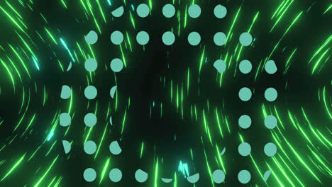 Animation-of-green-dots-over-black-space-with-green-lights-moving-fast