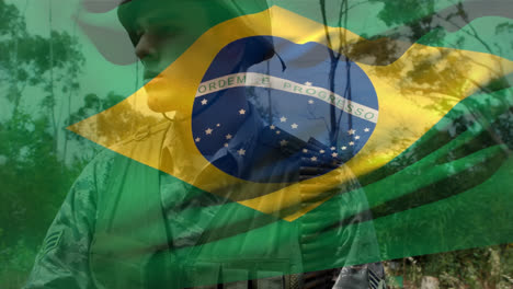 Animation-Der-Brasilianischen-Flagge-über-Einem-Kaukasischen-Männlichen-Soldaten