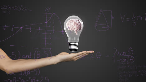 Animation-of-hand-holding-light-bulb-with-brain-over-mathematical-equations-on-black-background