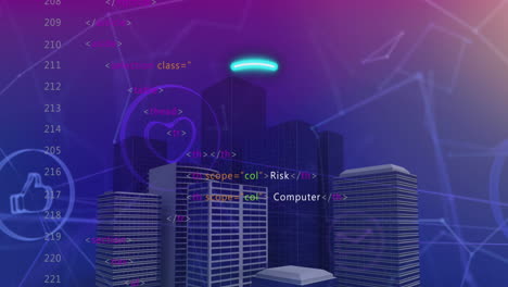 Animation-Eines-Neonfarbenen-Einschaltknopfs-über-Einem-Netzwerk-Digitaler-Symbole,-Datenverarbeitung-über-Einem-3D-Stadtmodell