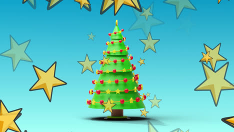 Animation-Von-Sternen-über-Weihnachtsbaum-Auf-Blauem-Hintergrund