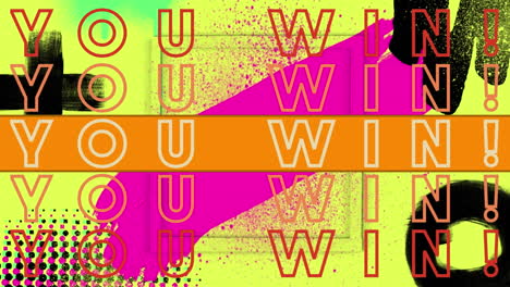 Animation-of-you-win-text-banner-over-abstract-colorful-shapes-against-yellow-background