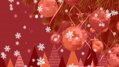 Animation-Fallender-Schneeflocken-Und-Dreiecke-über-Einer-Nahaufnahme-Eines-Geschmückten-Weihnachtsbaums