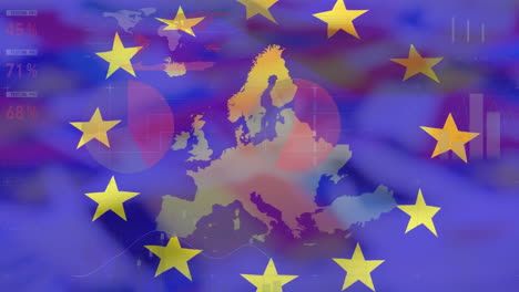 Animación-De-Ondear-La-Bandera-De-La-UE-Sobre-El-Mapa-De-La-UE-Contra-El-Procesamiento-De-Datos-Estadísticos.
