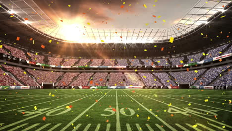 Animation-of-golden-confetti-falling-against-view-of-rugby-sports-stadium