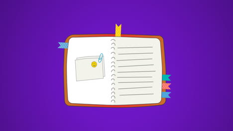 Animation-Des-Symbols-„Geöffnetes-Tagebuch“-Vor-Violettem-Hintergrund-Mit-Kopierbereich