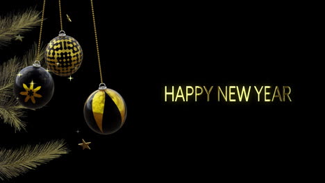 Animation-of-christmas-baubles,-fir-tree-and-happy-new-year-text-on-black-background