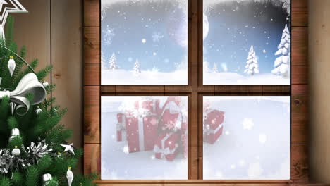 Animation-of-christmas-tree-and-view-of-snow-falling-christmas-gifts-on-winter-landscape-from-window