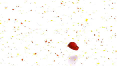 Animation-of-confetti-falling-over-red-heart-icon-bouncing-in-seamless-pattern-on-white-background
