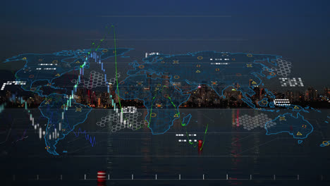 Animation-of-graphs,-circuit-board-pattern-over-sea-and-modern-city-against-sky