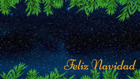 Animation-of-snow-falling-over-tree-branches-and-feliz-navidad-text-banner-against-space