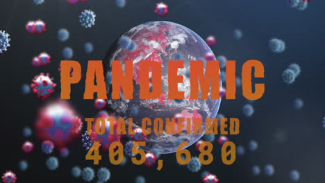 Animation-of-virus-cells-and-pandemic-total-confirmed-over-globe-and-navy-background