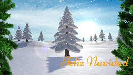Animation-Des-Textes-„Feliz-Navidad“-Und-Schnee,-Der-über-Bäume-In-Einer-Winterlandschaft-Fällt