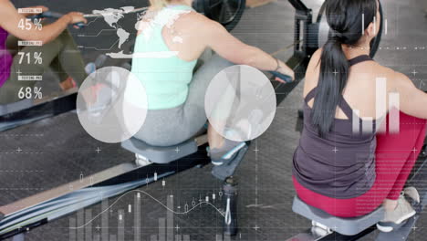 Animation-of-interface-processing-data-over-caucasian-women-training-on-rowing-machines-at-gym