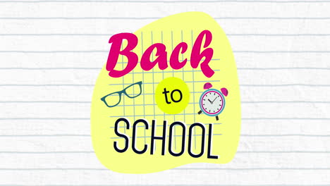 Animation-of-back-to-school-text-banner,-school-concept-icons-against-white-lined-paper-background