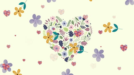 Animation-of-flowers-falling-over-hearts-of-flowers-on-beige-background