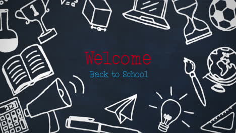 Animation-of-welcome-back-to-school-text-banner-and-school-concept-icons-on-blue-background