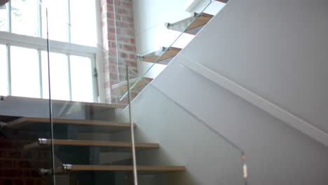 Close-up-of-sunny-staircase-at-home,-slow-motion