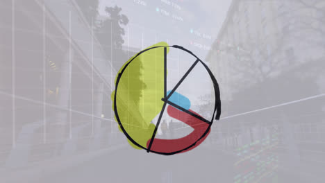 Animation-of-pie-graph-icon-against-time-lapse-of-people-walking-on-the-city-bridge