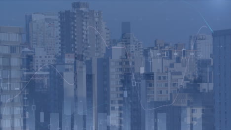 Animation-Der-Statistischen-Datenverarbeitung-Vor-Dem-Hintergrund-Einer-Luftaufnahme-Von-Hohen-Gebäuden-In-Der-Stadt