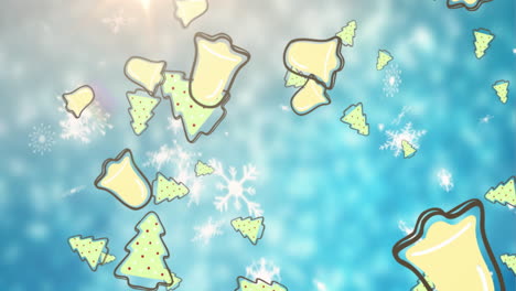 Animation-Von-Weihnachtsbäumen,-Glocken-Und-Schneeflocken,-Die-Vor-Lichtpunkten-Auf-Blauem-Hintergrund-Fallen