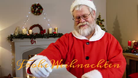 Animation-of-frohe-weihnachten-text-banner-against-caucasian-santa-claus-reading-gift-wish-list