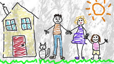 Animation-of-grey-shapes-over-children-drawing-with-family-and-house