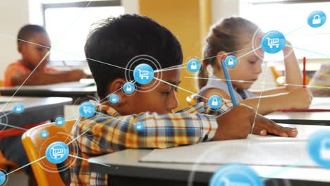 Animation-of-network-of-digital-icons-against-biracial-boy-studying-in-the-class-at-school