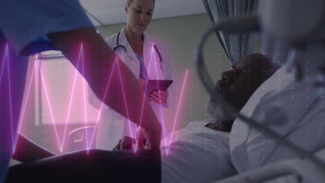 Animation-of-heart-rate-monitor-over-diverse-female-doctor-talking-to-male-patient-at-hospital