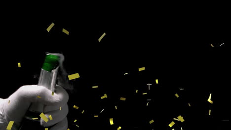 Animation-of-golden-confetti-over-champagne-bottle-with-popping-cork-against-black-background