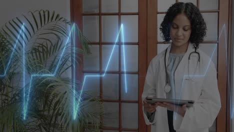 Animation-of-cardiograph-over-happy-biracial-female-doctor-with-tablet