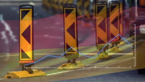 Animation-of-red-diagram,-data-processing-and-flag-of-germany-over-road-signs