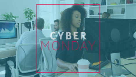 Animation-of-cyber-monday-text-banner-against-african-american-woman-using-computer-at-office