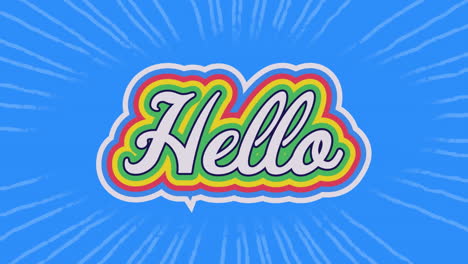 Animation-of-hello-text-banner-with-rainbow-shadow-effect-against-light-trails-on-blue-background