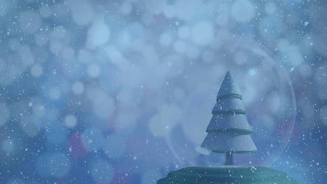 Animation-of-snow-falling-over-christmas-tree-in-a-snow-globe-and-spots-of-light-on-blue-background