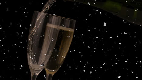 Animation-of-white-confetti-falling-over-champagne-pouring-in-a-glass-against-grey-background