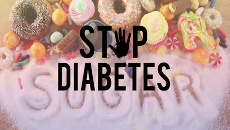 Animation-Des-Textes-„Stoppt-Diabetes“-über-Einem-Blutzuckermessgerät-Und-Süßigkeiten