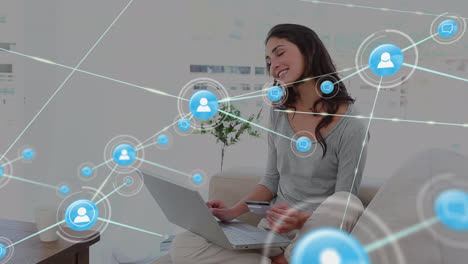 Animation-of-network-of-connections-with-icons-and-caucasian-woman-buying-online