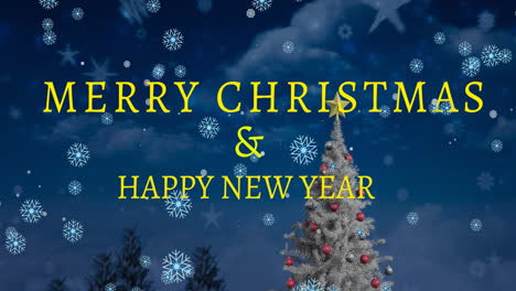 Animation-of-snowflakes-falling-over-merry-christmas-and-new-year-text-banner-and-christmas-tree