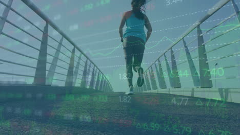 Animation-of-stock-market-data-processing-against-rear-view-of-fit-woman-running-on-the-bridge